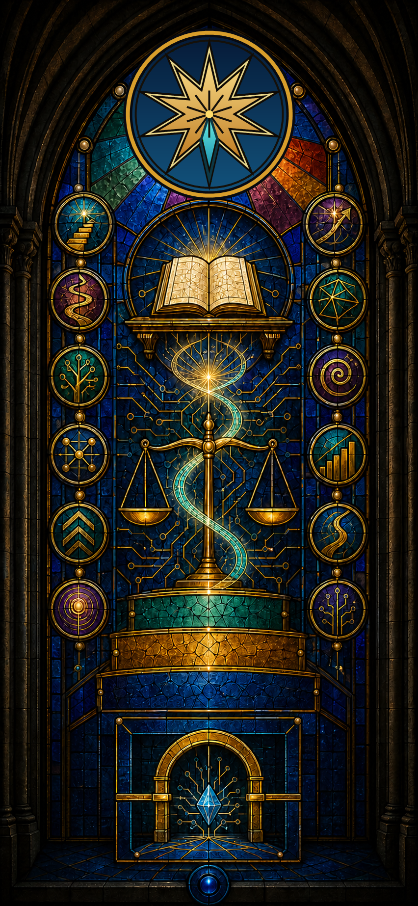 Vitral interno da Igreja com estrela dourada e décima ponta ciano do Religare Virtual